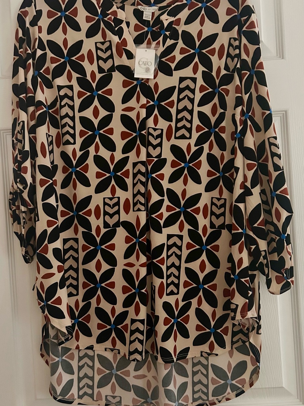 Cato Neutral Geo-Print Long Sleeve Tunic Top - Beige/Black/Brown